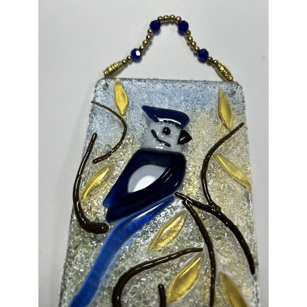 Fused Glass Blue Jay Suncatcher With Beaded Hang. ￼
